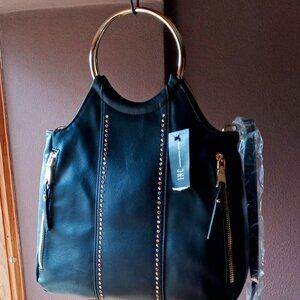 INC International Concepts Huw Gold Bangle Black Leather Jeweled Crossbody NWT